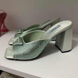 COPY - Mint green Prada high heeled satin slides with crystals - worn a few tim…